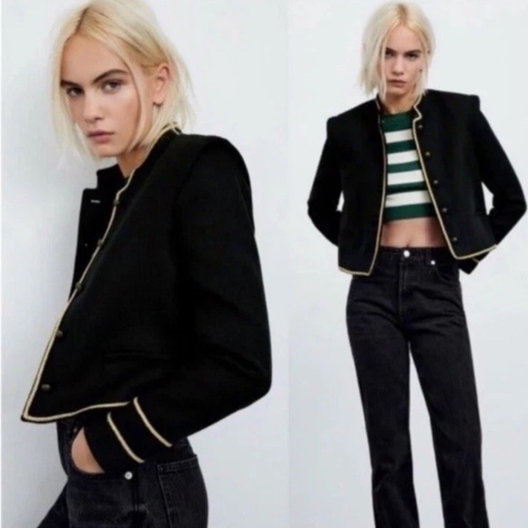Zara Cropped Jacket Black/Gold Military Details Women’s Sz XS - Picture 2 of 8